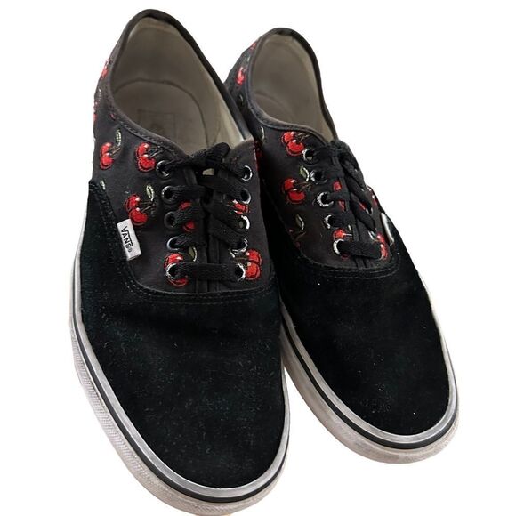 Vans ~ Black Suede with 🍒 cherries~ Mens size 10.5/Womens 12~Canvas Skate Shoe - Picture 1 of 12